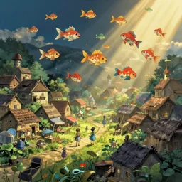 fantasy village having festival of flying fish by studio ghibli