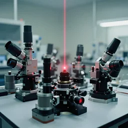 a lot of big high tech optical instruments fixed on a large table, extremely detailed, one single red laser beam, hazy atmosphere, few colors, scientific laboratory experiments, photoreal, new equipment, analog nikon photo, dust particles in the air, blurred background