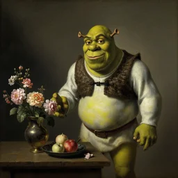 dutch golden age still life, shrek!!!!!!!, otto marseus van schrieck still life, dutch golden age painting, dramatic lighting, cinematic lighting, willem van aelst still life, elias van den broeck painting still life, christiaen striep still life, rachel ruysch flowers, oil on canvas