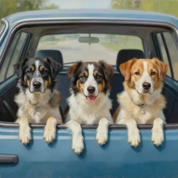 “a painting by ducio of a three dogs in a car, highly detailed, trending on art station, 4k”