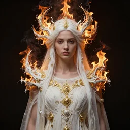 portrait of beautiful woman | full medium shot | front close - up | head on | dressed in long rags with fire, ethereal, biblically accurate goddess, fractal, ornaments of white gold in your clothes, artistically realistic, octane render, devianart, fine art, intrincate. by peter mohrbacher, marc simonetti and anna podedwor