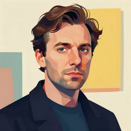 a realistic portrait of a man staring at the camera with dramatic lighting, by moebius, edward hopper, colorful flat design illustration, hd, 8 k, artstation
