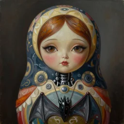 cinematic bust portrait of psychedelic matryoshka bat from left, head and chest only, exotic alien features, robotic enhancements, desaturated, Tim Hildebrandt, Wayne Barlowe, Bruce Pennington, donato giancola, larry elmore, oil on canvas, masterpiece, trending on artstation, featured on pixiv, cinematic composition, dramatic pose, beautiful lighting, sharp, details, hyper-detailed, HD, HDR, 4K, 8K