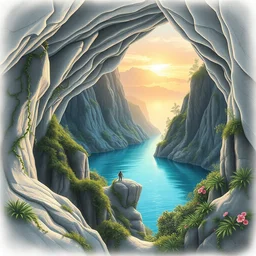 a marble cave, mountains, vines, turquoise water, sunrise, lush flora, beautiful pencil drawing, volumetric lighting, haze, hyperrealistic, 8 k