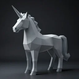 featureless grey unicorn composed of polygons in a dark and shadowy room, digital art