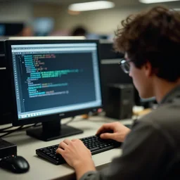 a 3 5 mm photo from the back of a computer programmer writing code in the 1 9 9 0's, bokeh, canon 5 0 mm, cinematic lighting, film, photography, depth of field, award - winning