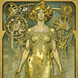 brass semi - mechanical woman, portrait, art nouveau dress, art by moebius and ilya kuvshinov, in clockwork cityscape