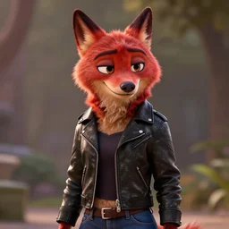 upper body shot, anthropomorphic female wolf 🐺 with red 🟥 fur, wearing a black ⬛ leather jacket and denim pants, detailed, unreal engine 5, cinema 4 d cinematic, artstation, in the style of zootopia