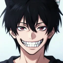 character design of an anime catboy with black hair, exposed sharp teeth, cold lighting, symmetrical face, subtle vibrancy, pinterest, HD, detailed
