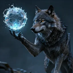 a portrait of dark wolf casting water - ball and shoot it, cyberpunk concept art, trending on artstation, highly detailed, intricate, sharp focus, digital art, 8 k