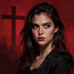 shameless woman whis impudent facial expression,  shadow of catholic church cross, elegant, dark and mysterious, atmospheric, red, trending on artstation, highly detailed, digital painting, volumetric light, concept art, middle focus, illustration