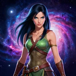 portrait from xena the warrior princess, synthwave, universe background, nebula, galaxy, artstation