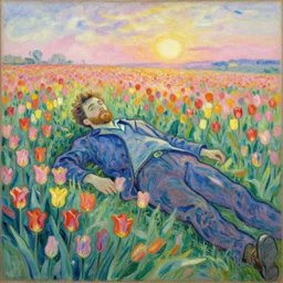 Portrait of a man lying in a field of tulips by Robert Delaunay, colorful, hopeful, detailed, sunrise, light colors