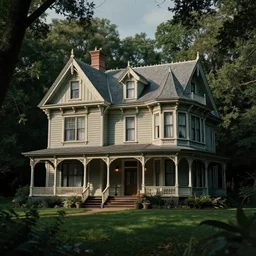 a stunning victorian house in the forest. hyperdetailed. cinematic. canon 5 d mark v. moody lighting. ray traced shadows. photograph. 3 5 mm