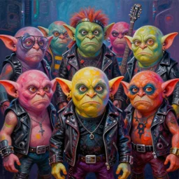 apocalyptic scifi squalor goblins posing together in a professional band photo, psychedelic vibrant colors, futuristic punk rock fashion, oil painting by michael whelan art, perfect faces, sharp focus, detailed eyes, realistic, leather jackets, 8 k