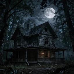 dark forest with scary wooden house, full moon, cinematic scene