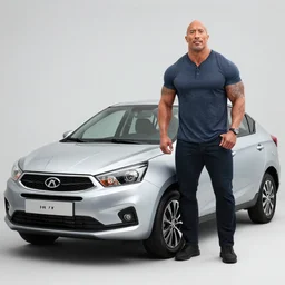dwayne johnson standing next to his car, silver daewoo matiz, 8 k