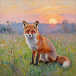 a painting of a fox sitting in a field at sunrise in the style of claude monet