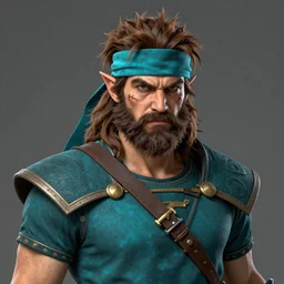 an arrogant half-elf ranger, teal tunic, teal headband, shaggy brown hair, scruffy beard, scar on face, D&D Concept Art, unreal 5, DAZ, Apex legends concept art, realism, portrait painting, hyperrealistic, octane render, cosplay, RPG portrait, dynamic lighting, epic, striking, hyper real, comic book style art
