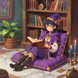 a detailed fantasy pastel portrait of a wizard student in ornate clothing lounging on a purpur pillow on the marble floor in front of her bookcase in a room, studying an ancient tome. to the side is a potted plant and some blue candles. ancient oriental retrofuturistic setting. 4 k key art, raytracing in the style yoshitaka amano and rembrandt.