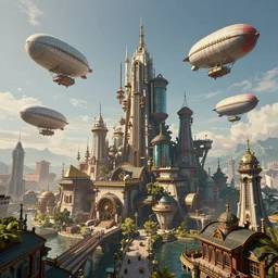 a steampunk city with airships, 4 k, extremely detailed. award winning, trending on artstation, 8 k, ultra wide angle