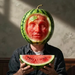 matt berry with a watermelon carved like matt berry's face for a head, wide shot, photo realistic, realistic lighting, realistic shadows