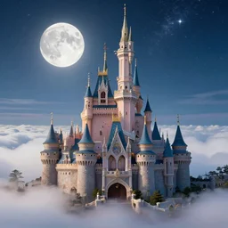 a photorealistic portrait, stunningly beautiful fantasy castle above the clouds, professionally retouched, soft lighting, hyper realistic, hyper detailed towers, beautifully detailed colorful starry sky, big bright moon, wide angle, sharp focus, 8 k high definition, 6 4 megapixels, insanely detailed, stunningly beautiful