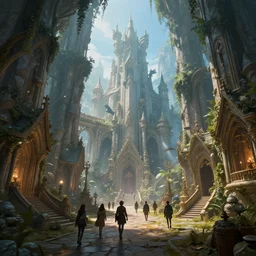 inside a magical elven city with people walking around, highly detailed, 4k, HDR, award-winning, octane render, trending on artstation, volumetric lighting