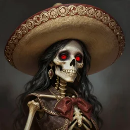 painted portrait of friendly beautiful and cute smiling rugged undead skeleton girl with red eyes wearing wide mexican sombrero, fantasy, intricate, elegant, extremely detailed digital painting trending artstation concept art heroic portrait sharp focus, illustration, art by artgerm, greg rutkowski magali villeneuve gaston bussiere
