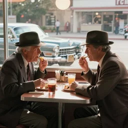 color movie scene of two old detectives with fedora hats at breakfast in a diner warm lighting, moody vibe, sunny day, dark knight ( 2 0 0 8 ) set in 1 9 7 2. light haze. cadillac parked outside window. cinemascope. scorcese. fred herzog