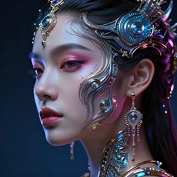 a highly detailed long shot photo of intricate female face portrait, futurism, rococo, cyber neon lighting, detailed futuristic fibonacci jewelry, profile posing, hyper photorealistic, crispy quality, digital photography, trending in pinterest, cinematic, 4 k ultra hd, art by pascal blanche, art by greg rutkowski, art by artgerm,