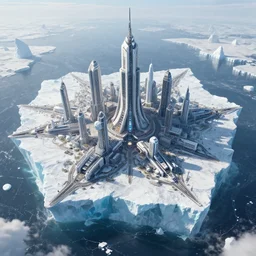 futuristic city on an iceberg, epic, aerial view, fantasy concept art trending on artstation
