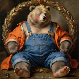 blushing, a bear sumo anthro, blonde hair, grey fur, wearing overalls and a orange flannel posing seductive, looking seductively, ornate wreath, legs, oil painting by titian, hard akihito tsukashi focus