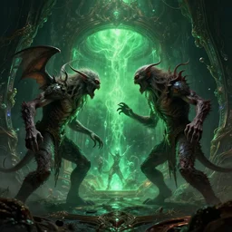two lovecraftian monsters fighting on alien planet, ornate and intricate, glowing nether portal, dim painterly lighting volumetric aquatics, jaw droping by anton fadeev, by rhads, by francis bacon, 4 k, detailed, subsurface scattering, green lighting