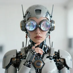 centered portrait of soulful young shari headly as a solarpunk mecha humanoid robotic parts wearing crystal goggles with bright led lights, real human face, pudica gesture bouguereau style, in white room, ultra - realistic and intricate, soft portrait shot 8 k