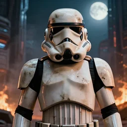 film still from the force awakens a telephoto headshot portrait of star wars dirty!! filthy!! grimy stormtrooper!!! in a science fiction, cyberpunk city, smoke, fire, volumetric lighting, glamour pose, rim lighting, moonlit, cinematic, octane, 8 k