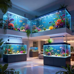 a modern house with lots of fish tanks with tropical fish, digital art, trending on artstation, hdr, fantasy art