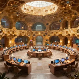 detailed futuristic utopian art, artstation style, honeycomb halls, interior, futuristic government chambers, very large hall with many cubicles of desks and chairs arranged in circles, many computer screens, soft lamp illumination and multiple doorways, synthwave, futuristic utopian architecture