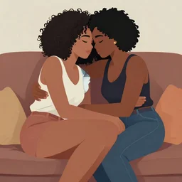 beautiful painting of a young black lesbian couple cuddling on the sofa, 2 8 4, romantic, highly detailed, smooth, stylized, medium shot, vector line art, clean cel shaded vector art, by lois van baarle, ross tron, artgerm, helen huang, makoto shinkai, ilya kuvshinov, rossdraws