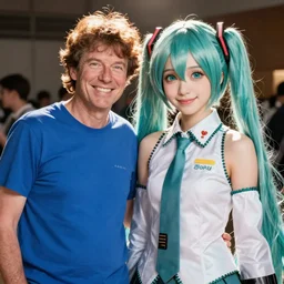 Scott the Woz (in a blue tshirt) meets Hatsune Miku in person, photo