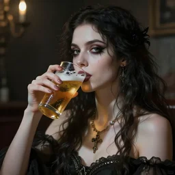 fantasy goddess of death, gothz drinking hamm's beer. art station digital, hyper realistic