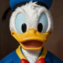 donald duck by kehinde wiley and rembrandt. photorealistic facial features, portrait, detailed face, ultra high details, large, close - up.