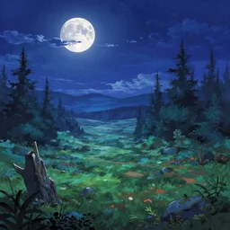 beautiful fantasy landscape, moonlit wilderness, in anime aesthetic, atmospheric and colorful