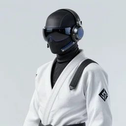 Jujitsu Sun. Beautiful cyberpunk assassin wearing a cyberpunk headset and tactical gear with a sun icon. Yellow theme. In style of Moebius and Laurie Greasley