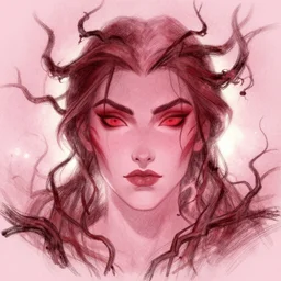 textured pale pink and dark red human face surrounded by flowing dead vines, sketch illustration, soft glow, dappled light, disney concept art, backlit, indie studio, fantasy, rim lighting, pastel shades, powerful, emotional, powerful, epic composition, noise, texture, rule of thirds,