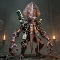 airbrush of 1 1 horrifying medical devices tacked to brutalist squid creature, by, v finlay, h r giger, wayne d barlowe, stefano tamburini, torch light, muted colors, epic, hyper detailed, awe inspiring, award winning horror, hyper realism, cinematic