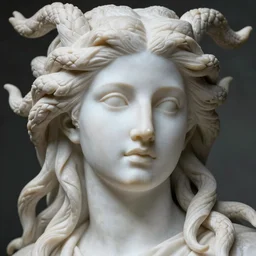 female medusa long hair, marble statue, beautiful delicate face, macro shot head