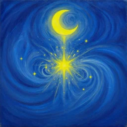 Oil-on-canvas painting of a blue night sky with roiling energy. A fuzzy and bright yellow crescent moon shining at the top. Below the exploding yellow stars and radiating swirls of blue, a distant village sits quietly on the right. Connecting earth and sky is a flame-like cypress tree with curling and swaying branches on the left. A church spire rises as a beacon over rolling blue hills.