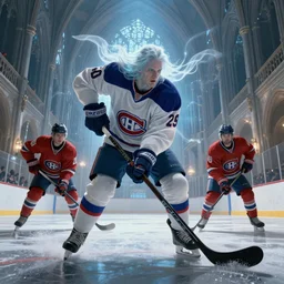 A fantasy comic book style portrait painting of the ghost of Guy Lafleur and other Habs Legends playing hockey in a stunning cathedral arena in heaven, unreal 5, DAZ, hyperrealistic, octane render, RPG portrait, dynamic lighting