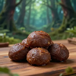 5 5 mm photo of a pile of freshly kebbah on a wooden table in a magical forest. dof. bokeh. magical atmosphere. art by greg rutkowski. highly detailed 8 k. intricate. lifelike. soft light. nikon d 8 5 0.